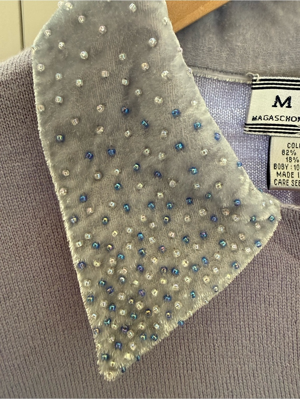 Magaschoni Lavender Wool Cardigan Beaded rayon silk  Collar Vintage Y2K - Picture 7 of 17